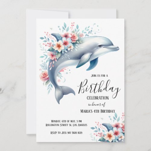 Watercolor Dolphin Floral Birthday Party Invitation