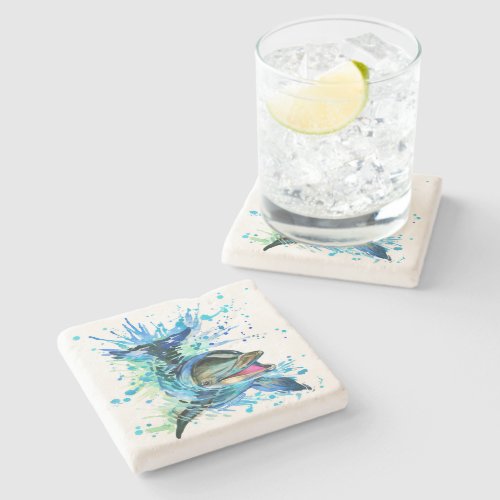 Watercolor Dolphin Limestone Stone Coaster