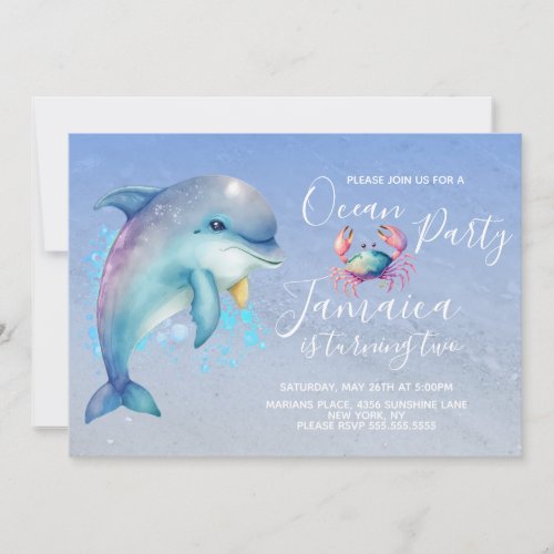 Watercolor Dolphin Ocean Beach Birthday Party Invitation