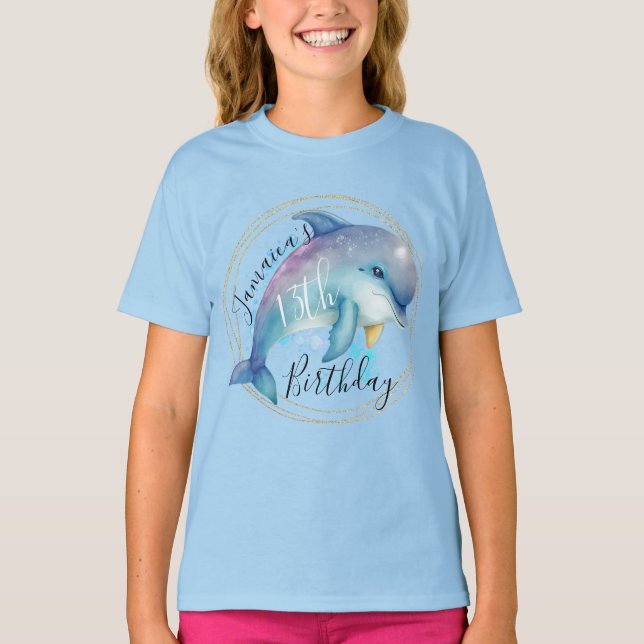 Watercolor Dolphin Ocean Birthday Party T-Shirt (Front)