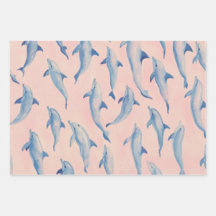 Watercolor Dolphin Pattern Coastal Beach Ocean Wrapping Paper Sheets