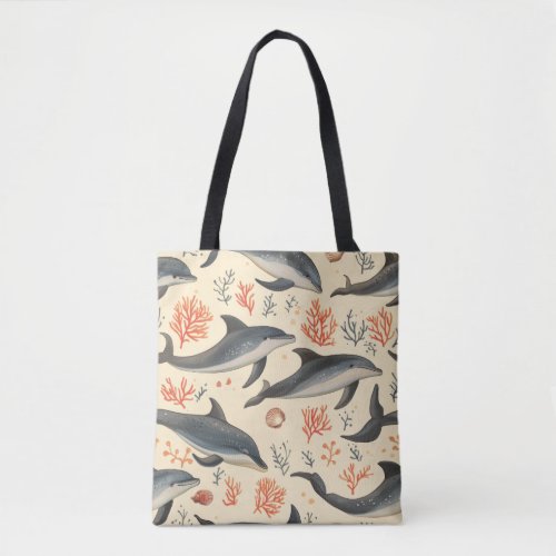 Watercolor Dolphin Pattern Coastal Ocean Coral  Tote Bag