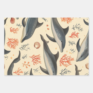 Watercolor Dolphin Pattern Coastal Ocean Coral Wrapping Paper Sheets