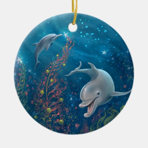 Watercolor Dolphin Peace and Joy Christmas Ceramic Ornament