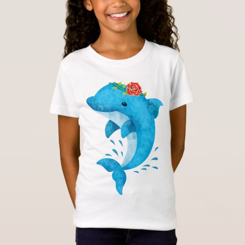 Watercolor Dolphin Rose Girls Fine Jersey T_Shirt