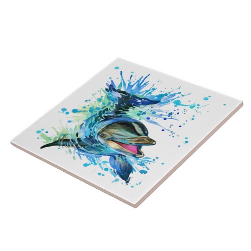 Watercolor Dolphin Splash Large Ceramic Tile