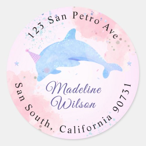 Watercolor Dolphin Under The Sea Return Address Classic Round Sticker