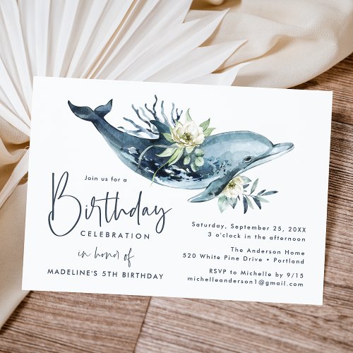 Watercolor Dolphin  White Floral Birthday Party Invitation