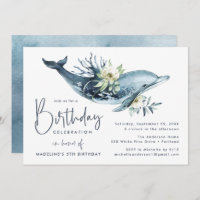 Watercolor Dolphin & White Floral Birthday Party Invitation