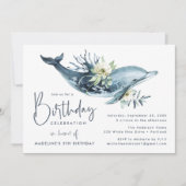 Watercolor Dolphin & White Floral Birthday Party Invitation (Front)