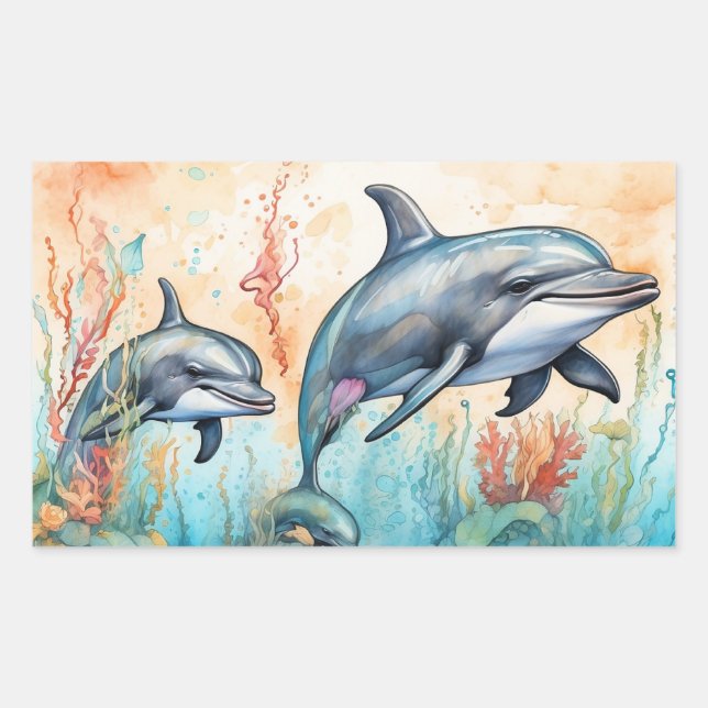 Watercolor dolphins art print rectangular sticker (Front)