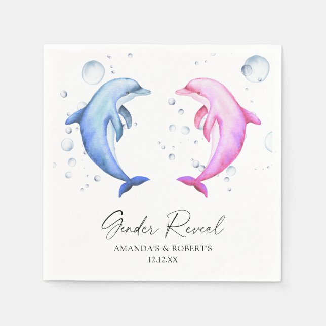 Watercolor Dolphins Gender Reveal Napkins (Front)