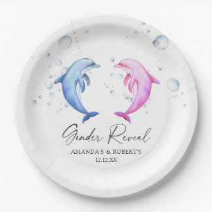 Watercolor Dolphins Gender Reveal Paper Plates