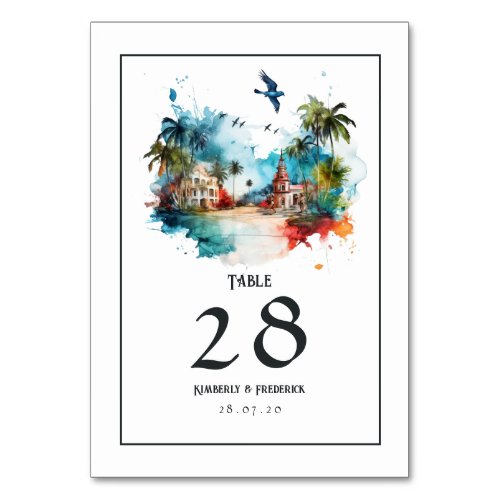 Watercolor Dominican Republic Destination Wedding Table Number