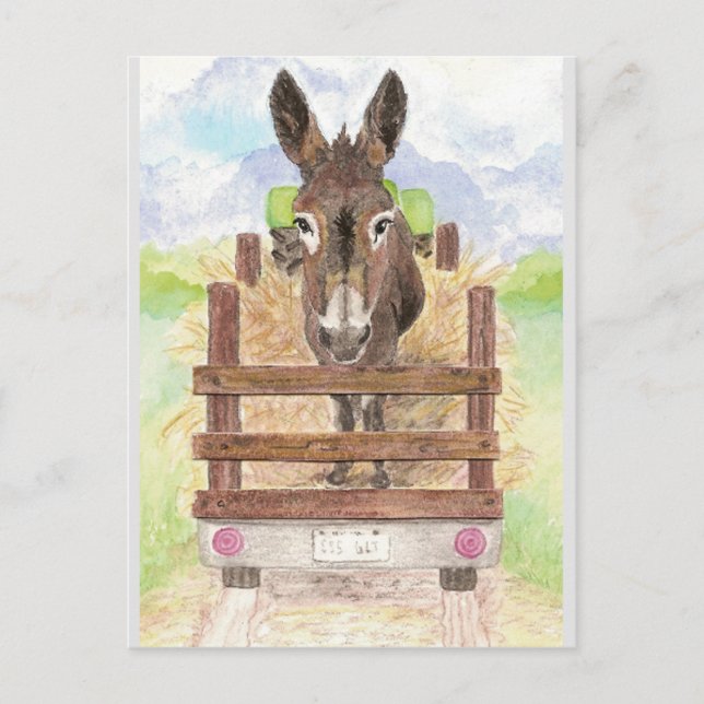 Watercolor Donkey Burro Cute Farm Animal Art Postcard (Front)
