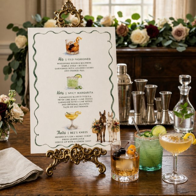Watercolor Donkey Signature Drinks Wedding Menu Poster (Creator Uploaded)