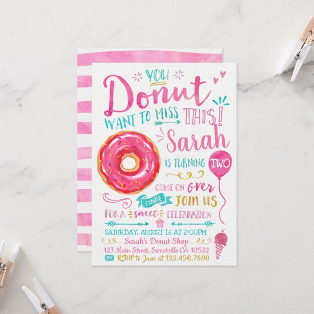Watercolor Donut Birthday Invitation (Front/Back In Situ)