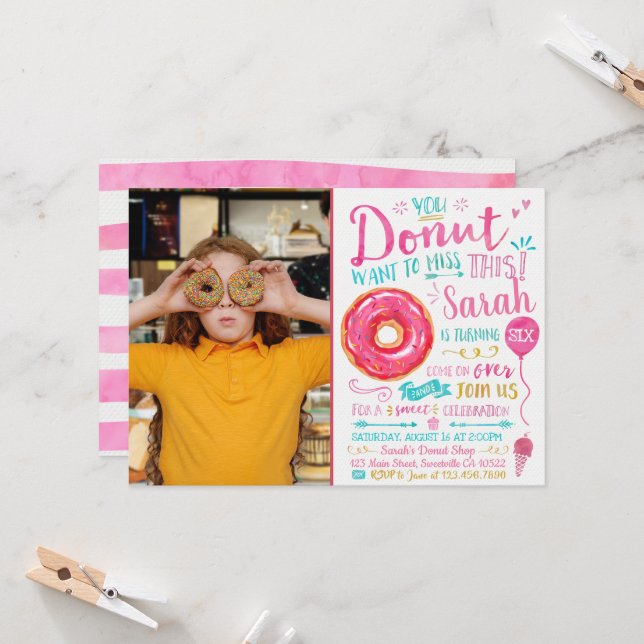 Watercolor Donut Birthday Invitation with Photo (Front/Back In Situ)