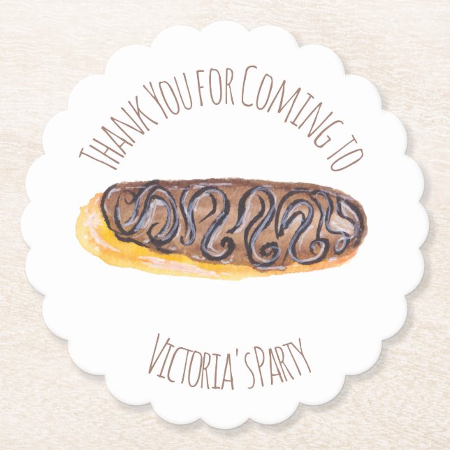 Watercolor Donut Chocolate  Hand Drawn  Eclair  Paper Coaster (Front)