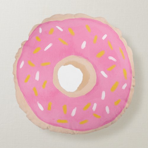 Watercolor Donut cute funny foodie pink sprinkles Round Pillow