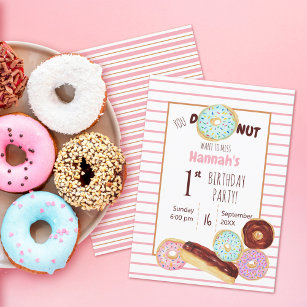Watercolor Donut Cute Trendy Pink Stripes Birthday Invitation