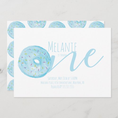 Watercolor Donut First Birthday Sweet Party Blue Invitation