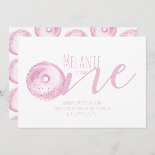 Watercolor Donut First Birthday Sweet Party Pink Invitation