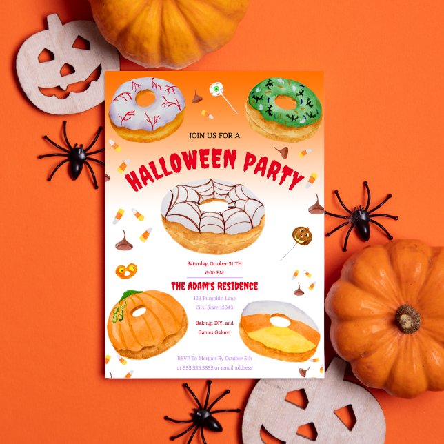 Watercolor Donut-licious Halloween Candy Party  Invitation (Spook up your Halloween party with our cute and customizable watercolor donuts invitation!)