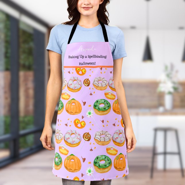 Watercolor Donut-licious Happy Halloween Candy Apron (Get Spooky in the Kitchen with Watercolor Donuts!)
