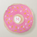 Watercolor Donut Round Pillow<br><div class="desc">Cute watercolor pink sprinkles donut. Optional monogram</div>