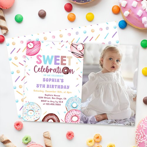 Watercolor Donut Sweet Birthday Photo Invitation