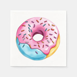 Watercolor Donut with Icing and Sprinkles on White Napkins
