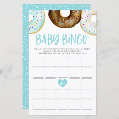 Watercolor Donuts Baby Shower Bingo Game Card