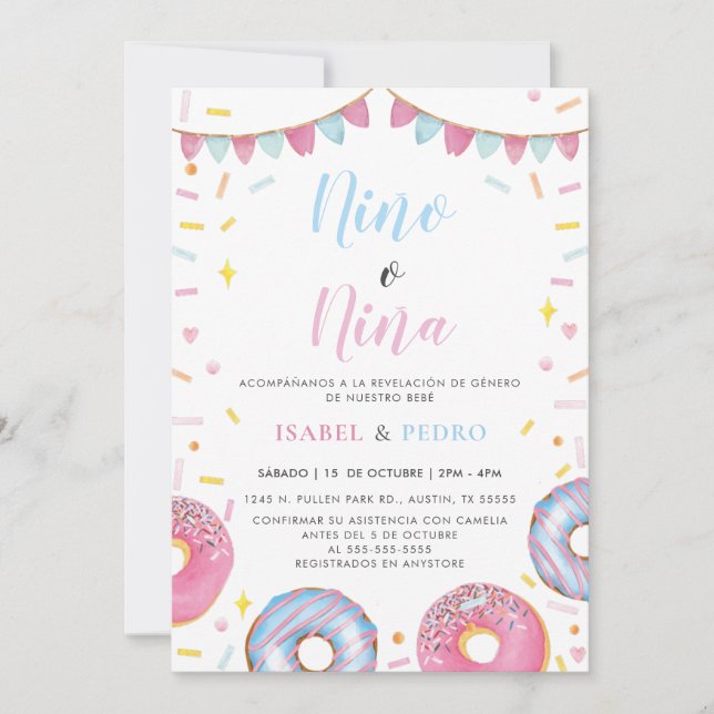 Watercolor Donuts & Confetti Spanish Gender Reveal Invitation (Front)