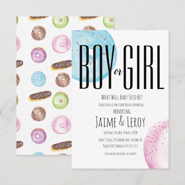 Watercolor Donuts Gender Reveal Hand Painted Invit Invitation (Front/Back)