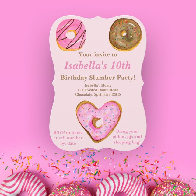 Watercolor Donuts Girl's Slumber Birthday Party Announcement (Creator Uploaded)