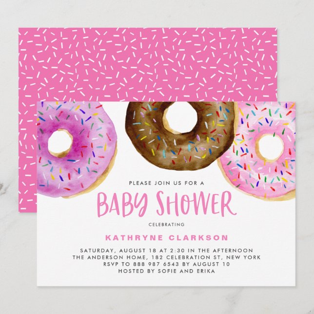 Watercolor Donuts It's a Girl Baby Sprinkle Shower Invitation (Front/Back)