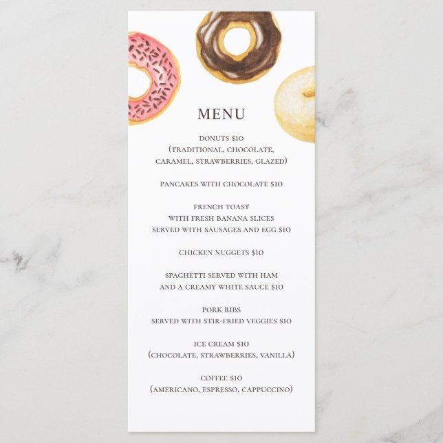 Watercolor donuts. Simple bakery cafe dessert Menu (Front)