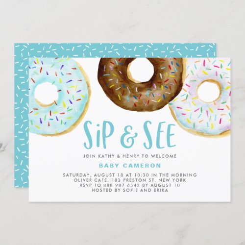 Watercolor Donuts Sprinkles Boy Sip and See Invitation