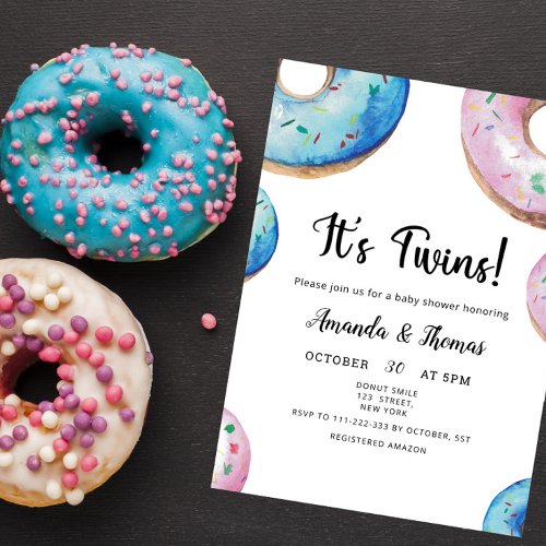 Watercolor Donuts Twin Boy Girl Baby Shower Invitation