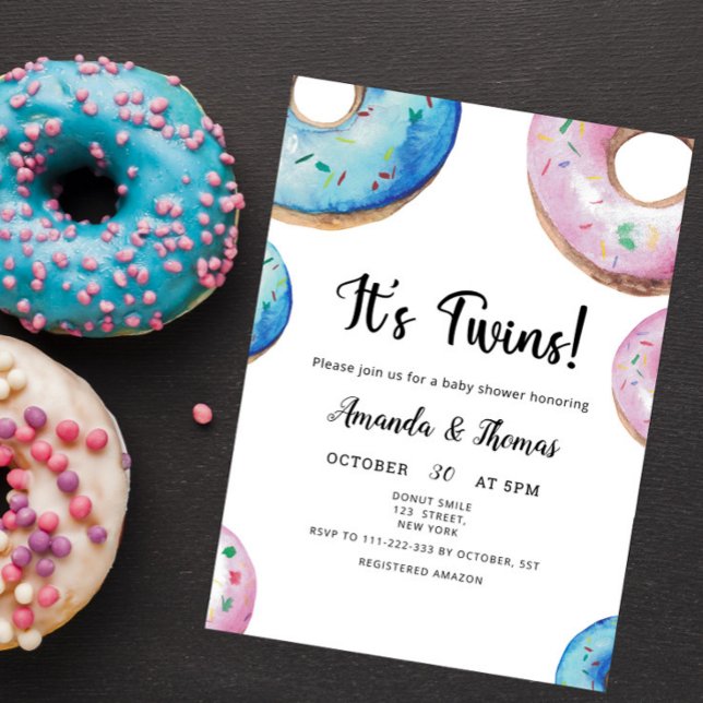 Watercolor Donuts Twin Boy Girl Baby Shower Invitation (Creator Uploaded)