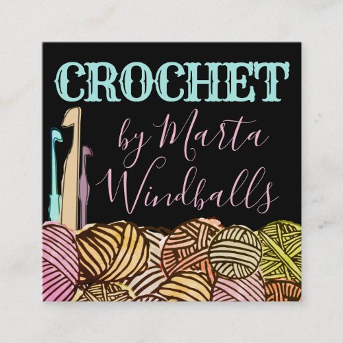 Watercolor doodle balls of yarn crochet hooks square business card