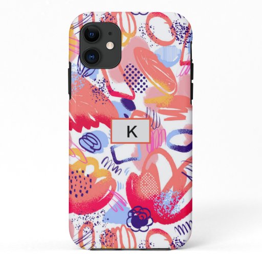 Watercolor doodle Custom monogram and  pattern iPhone 11 Case