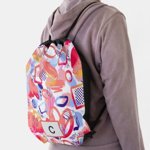 Watercolor doodle Custom monogram and  pattern Drawstring Bag