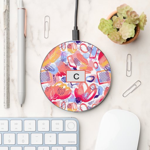 Watercolor doodle Custom monogram and  pattern Wireless Charger