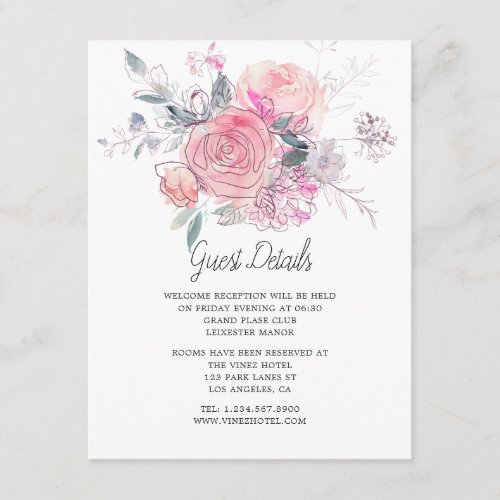 Watercolor Doodle Floral Wedding Guest Details Enclosure Card