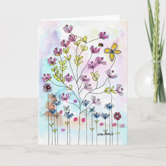Watercolor Doodle Flowers, Folk Art Print Card (Front)