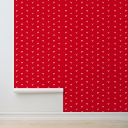 Watercolor Doodle Pale Pinky Hearts on Red Pattern Wallpaper