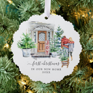 Watercolor Door | First Christmas New Home  Ornament Card