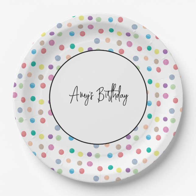 Watercolor Dots Hand Painted Colorful Birthday  Paper Plates (Front)